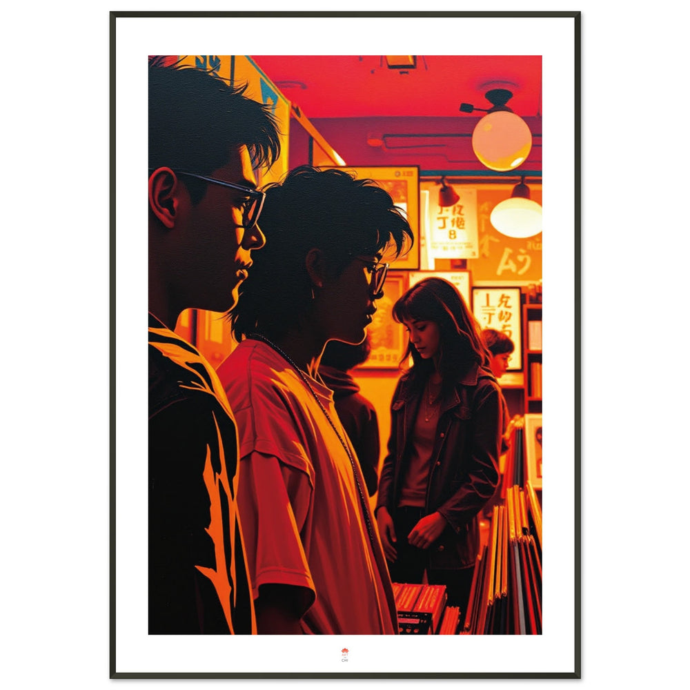 Lámina Noches de Vinilos, arte urbano retro inspirado en Tokio con estética de los años 80