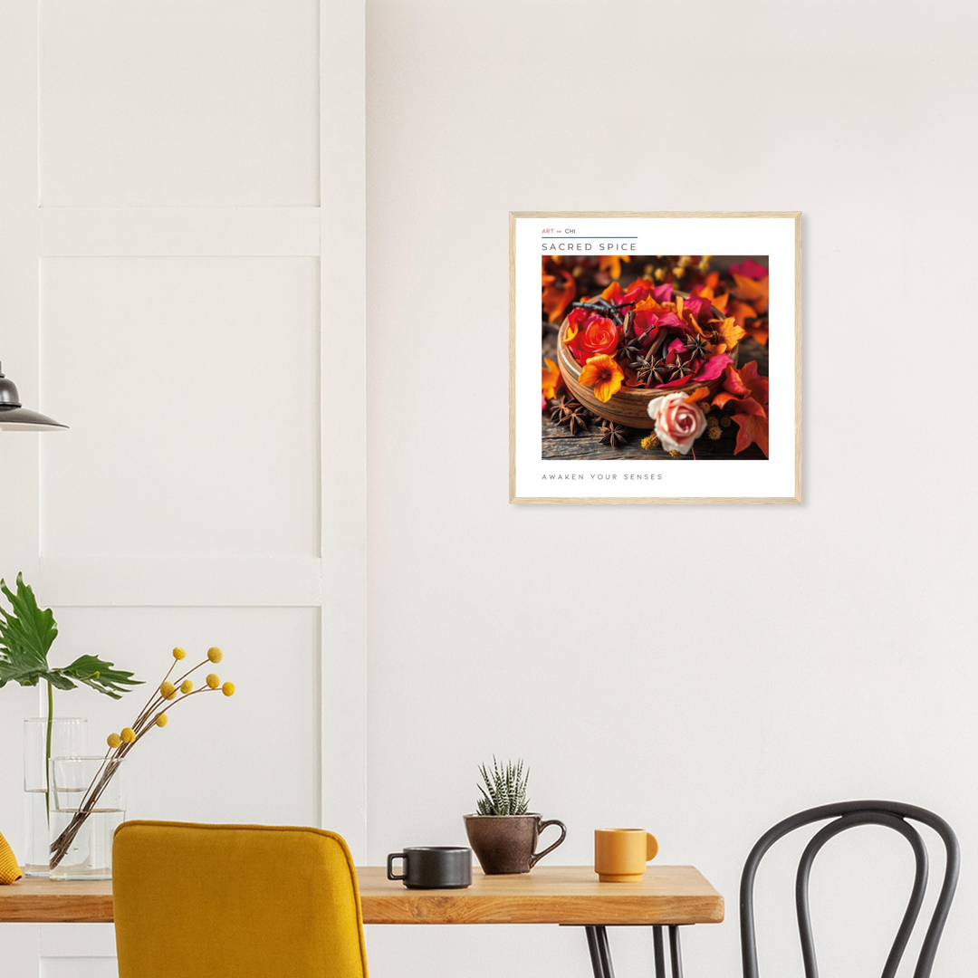 Lámina fotográfica Sacred Spice con rosas, pétalos vibrantes, canela y anís estrellado en cuenco de madera, arte botánico Feng Shui elegante
