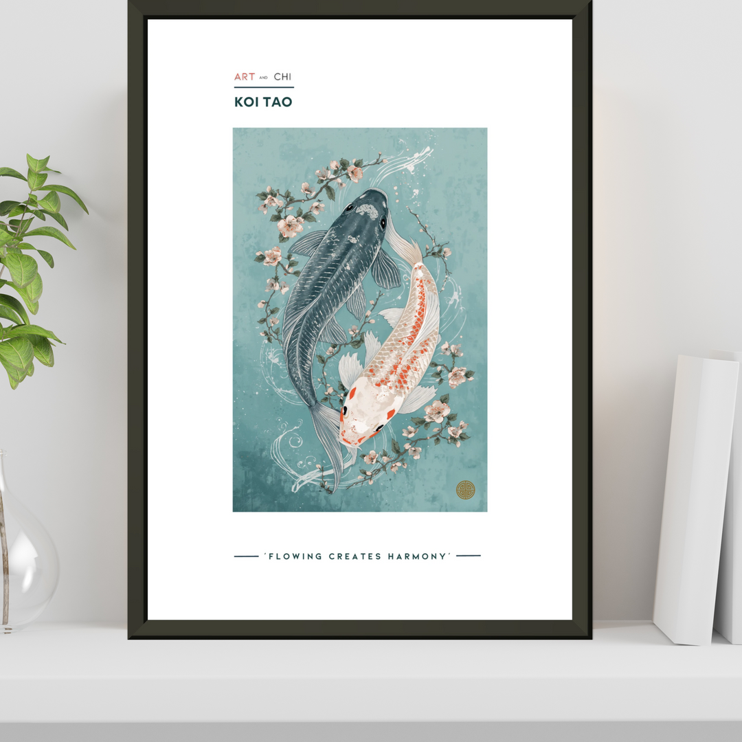 Póster premium Koi Tao estilo japonés minimalista, carpas koi, decoración Feng Shui elegante para salón moderno 21x29,7 cm
