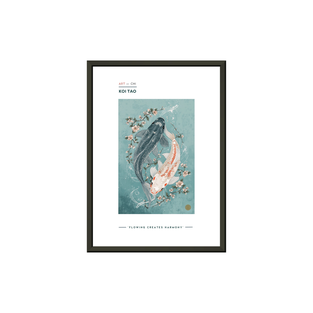 Póster premium Koi Tao estilo japonés minimalista, carpas koi, decoración Feng Shui elegante para salón moderno 21x29,7 cm