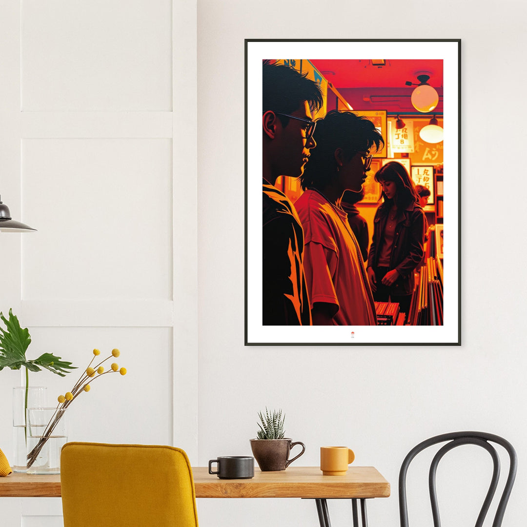 Lámina Noches de Vinilos, arte urbano retro inspirado en Tokio con estética de los años 80