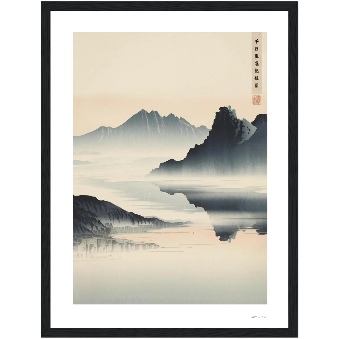 paisaje zen con montañas y agua en calma, inspirada en la pintura japonesa sumi-e; simboliza renovación, serenidad y abundancia