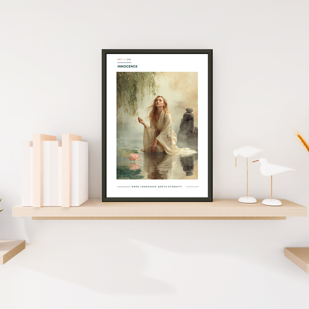 Lámina de arte minimalista Sumi-e con mujer en kimono junto a un loto rosa y piedras en equilibrio, simbolizando pureza y armonía Feng Shui tamaño A4