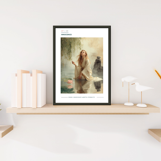 Lámina de arte minimalista Sumi-e con mujer en kimono junto a un loto rosa y piedras en equilibrio, simbolizando pureza y armonía Feng Shui tamaño A4