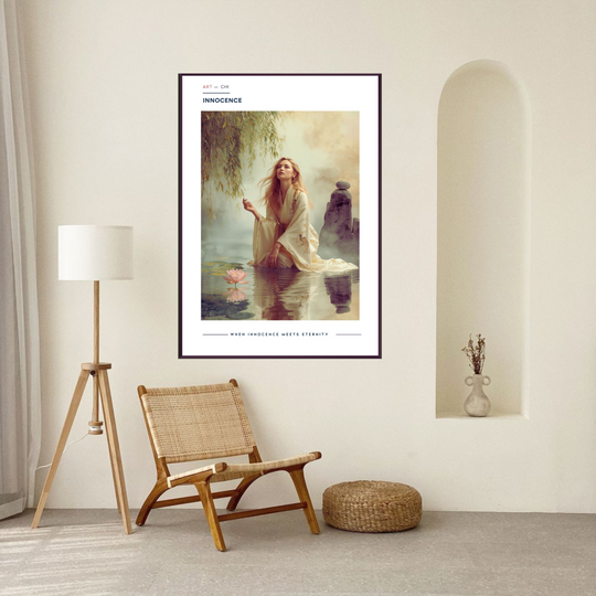 Lámina de arte minimalista Sumi-e con mujer en kimono junto a un loto rosa y piedras en equilibrio, simbolizando pureza y armonía Feng Shui