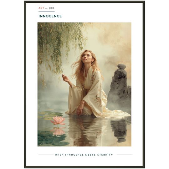 Lámina de arte minimalista Sumi-e con mujer en kimono junto a un loto rosa y piedras en equilibrio, simbolizando pureza y armonía Feng Shui