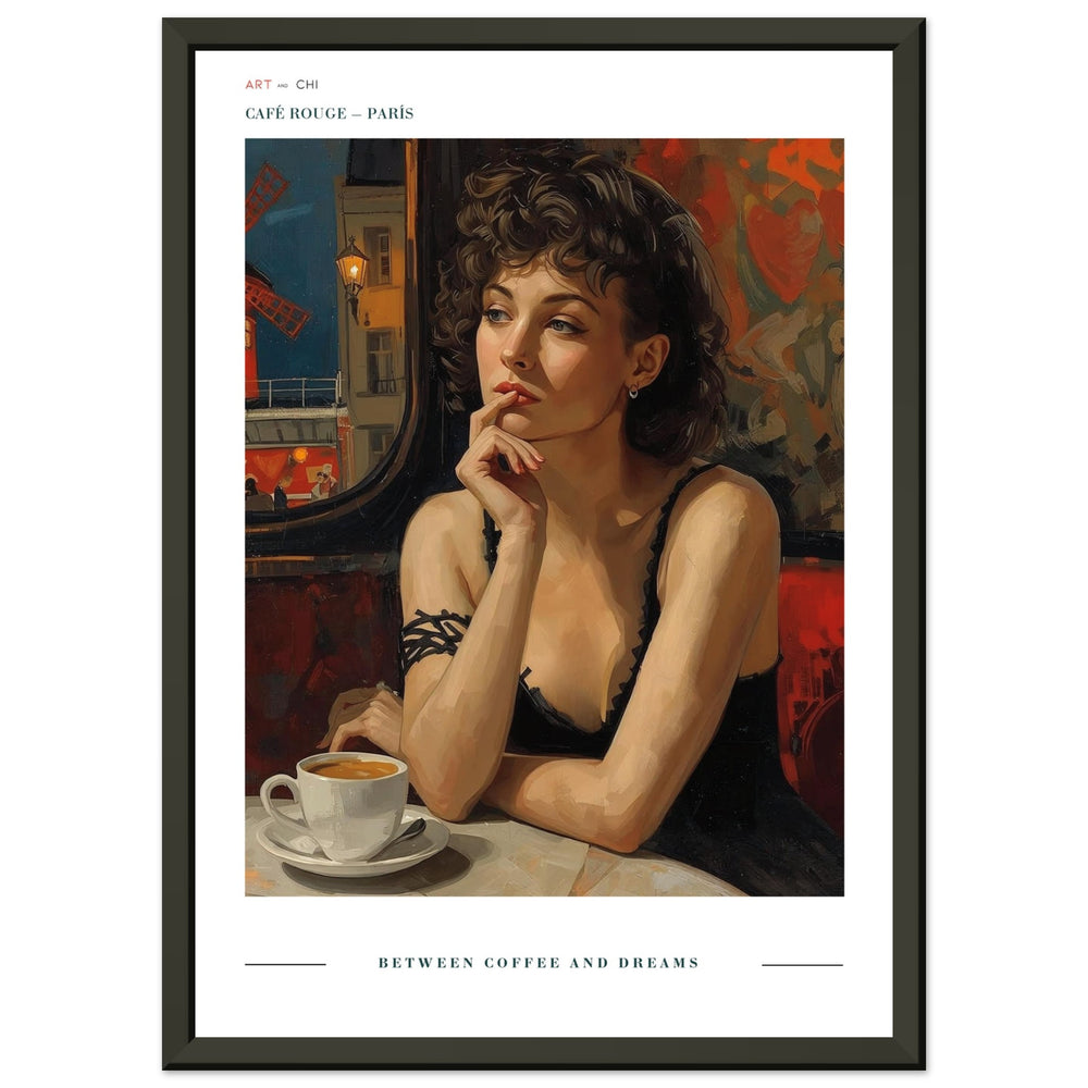 Retrato de una mujer pensativa en un café parisino, con una taza de café frente a ella y el Moulin Rouge iluminado al fondo. Estilo pintura al óleo contemporánea, tonos cálidos y atmósfera nostálgica, ideal para decoración elegante y moderna