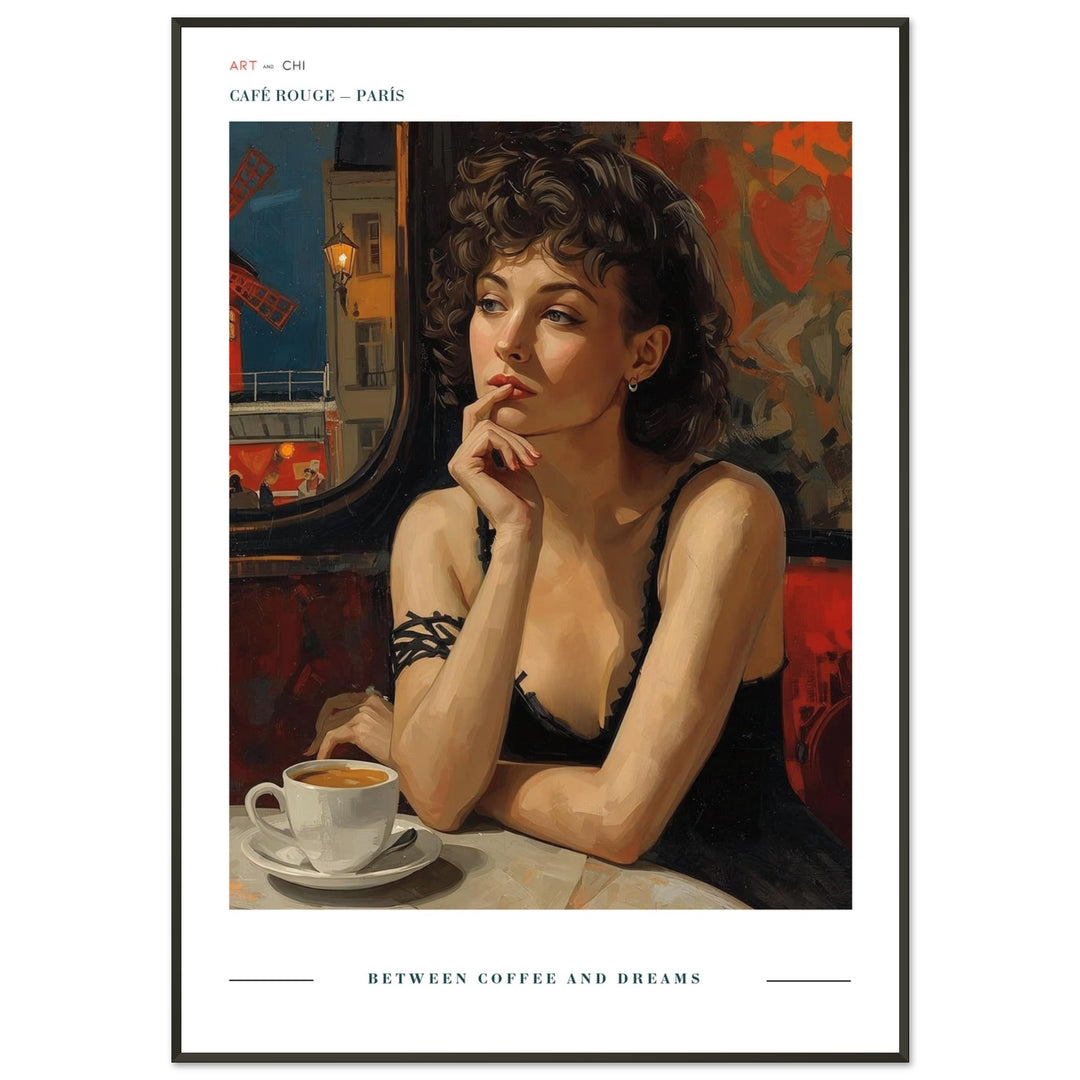 Retrato de una mujer pensativa en un café parisino, con una taza de café frente a ella y el Moulin Rouge iluminado al fondo. Estilo pintura al óleo contemporánea, tonos cálidos y atmósfera nostálgica, ideal para decoración elegante y moderna