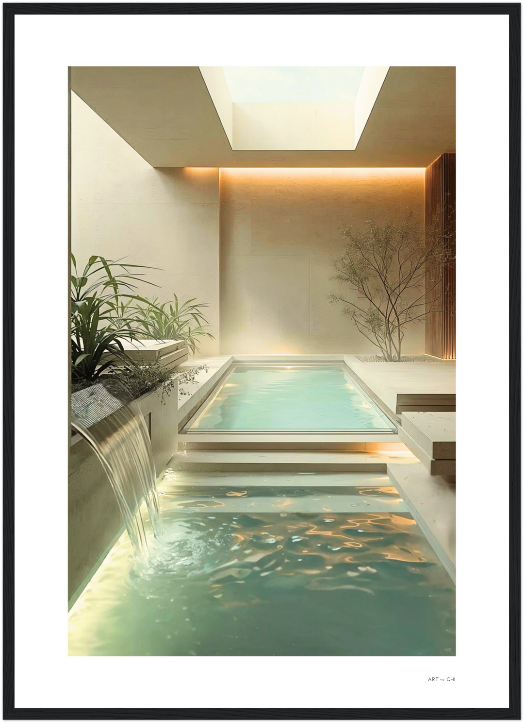 Piscina interior de lujo en estilo minimalista, un spa o baño moderno con cascada y claraboya, diseño de interiores color beige y crema lamina simple marco negro
