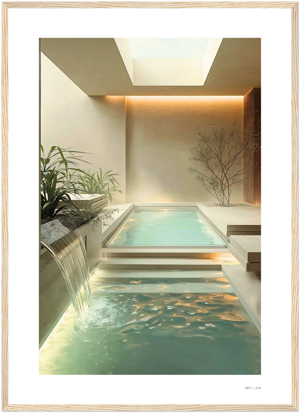 Piscina interior de lujo en estilo minimalista, un spa o baño moderno con cascada y claraboya, diseño de interiores color beige y crema lamina simple marco madera pino natural