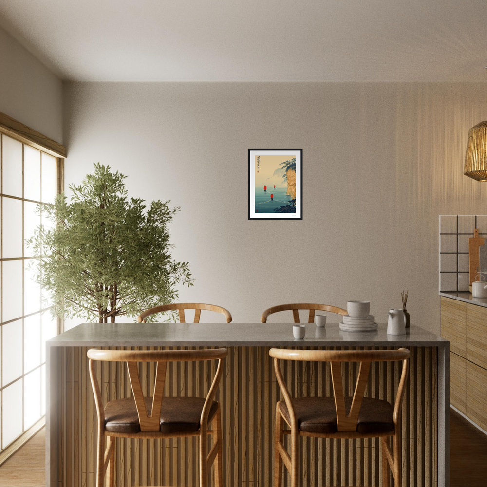 Lámina Travesía de Especias, arte oriental con barcos de velas rojas navegando en mar azul, Feng Shui elemento Agua, prosperidad y movimiento  Art and Chi marco de madera negra tamaño 30x40