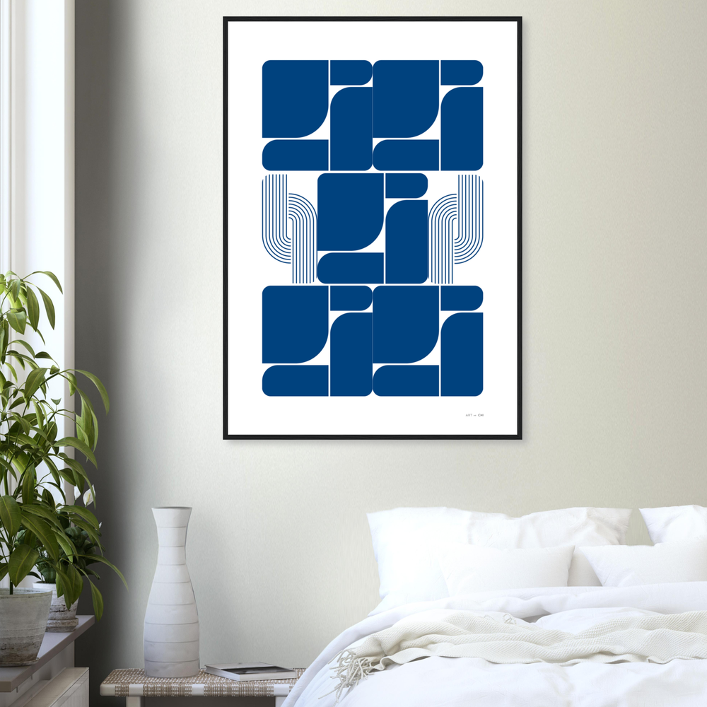 Arte geométrico Bauhaus en azul sobre fondo blanco, bloques curvos y líneas paralelas, impresión para interior contemporáneo