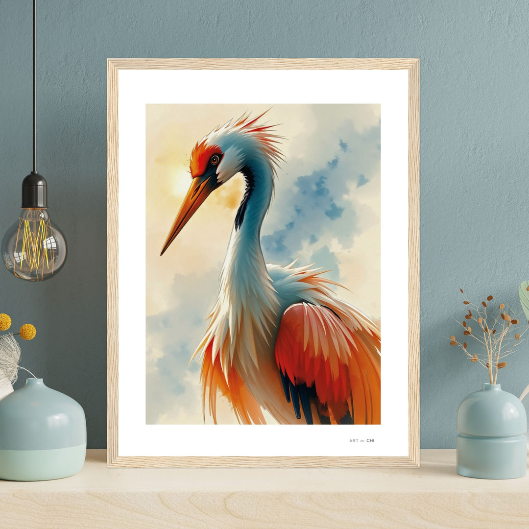 Lámina artística de una grulla japonesa con plumas rojas, naranjas y blancas bajo un cielo azul suave. Arte minimalista estilo oriental, ideal para aportar elegancia y energía positiva según el Feng Shui. Marco madera  natural Tamaño 30x40 cm