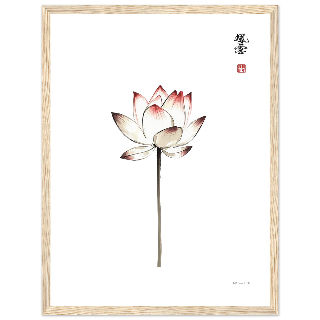 Lámina decorativa Loto minimalista ilustración vertical estilo Sumi-e de una flor de loto blanco fondo blanco diseño para decoración Zen y espacios Feng