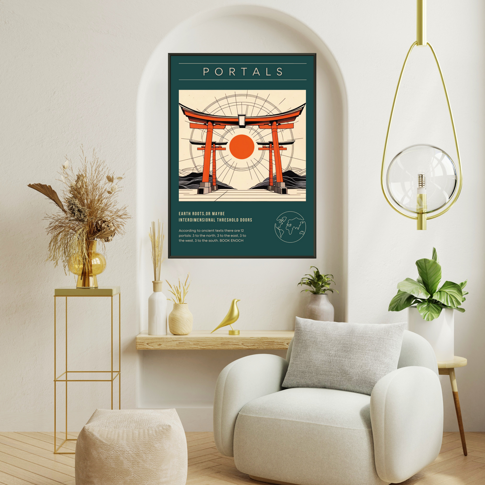 Lámina Portals con puerta Torii japonesa y sol naciente, arte minimalista oriental para decoración de pared moderna