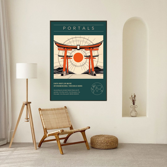 Lámina Portals con puerta Torii japonesa y sol naciente, arte minimalista oriental para decoración de pared moderna