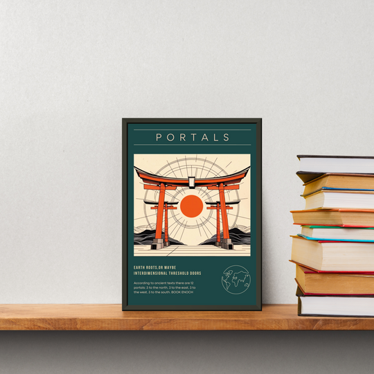 Lámina Portals con puerta Torii japonesa y sol naciente, arte minimalista oriental para decoración de pared moderna