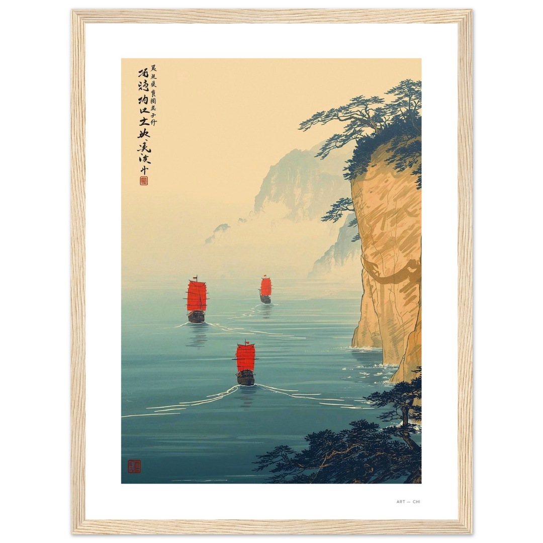 Lámina Travesía de Especias, arte japones con barcos de velas rojas navegando en mar azul, Feng Shui elemento Agua, prosperidad y movimiento  Art and Chi marco de madera negra tamaño 30x40