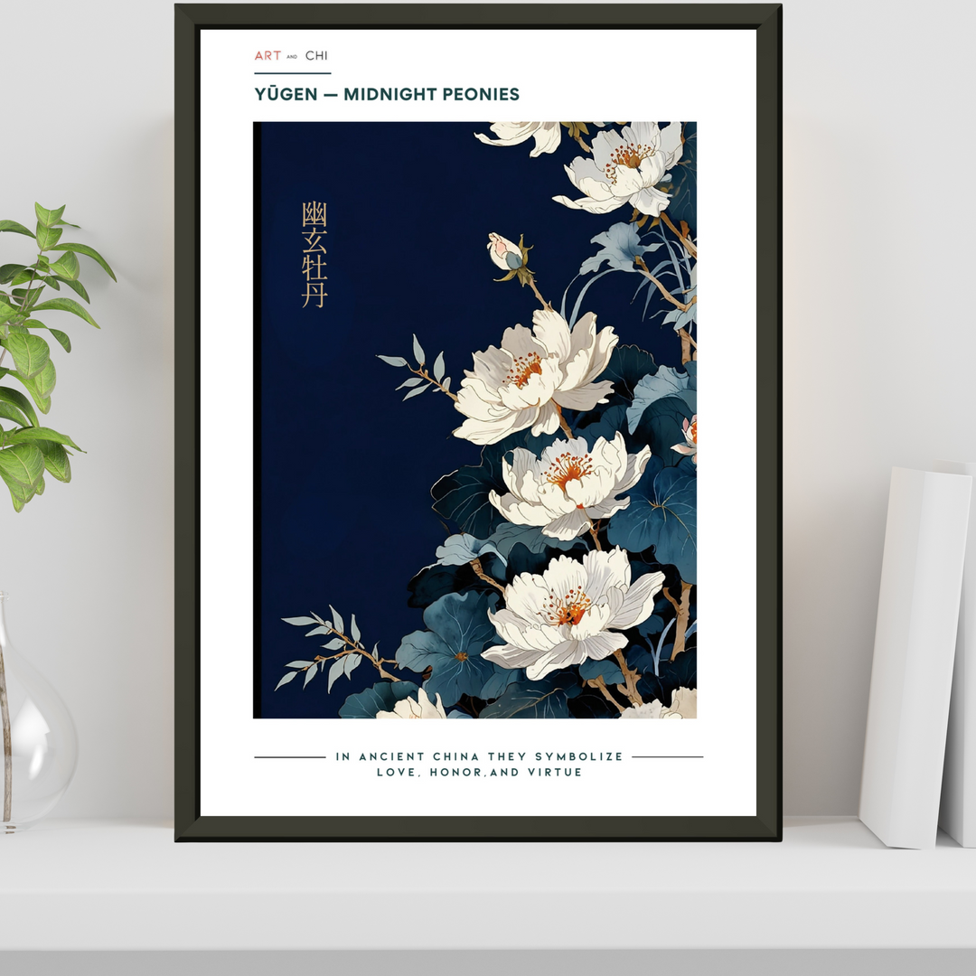 Lámina premium  Yūgen Midnight Peonies, arte japonés con peonías blancas sobre fondo azul noche y caligrafía Yūgen, símbolo de amor, honor y virtud