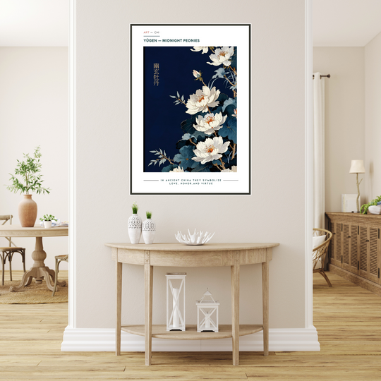 Lámina premium  Yūgen Midnight Peonies, arte japonés con peonías blancas sobre fondo azul noche y caligrafía Yūgen, símbolo de amor, honor y virtud