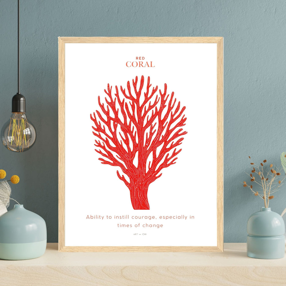 Lámina minimalista de coral rojo sobre fondo blanco, símbolo Feng Shui de protección, vitalidad y coraje. Representa la fuerza interior y la capacidad de adaptarse en tiempos de cambio. Ideal para espacios donde se busca activar la energía del Fuego y atraer prosperidad y confianza.