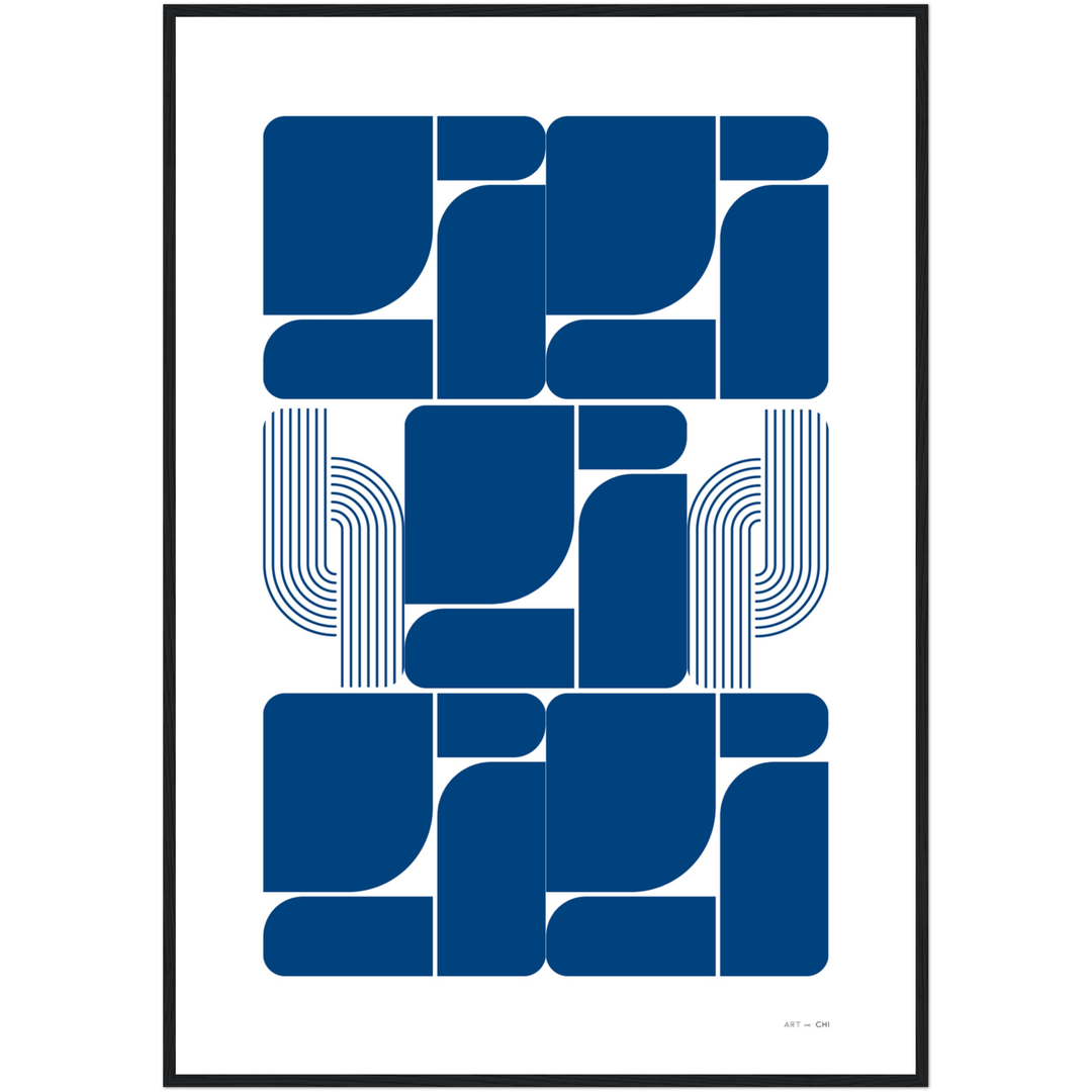 Arte geométrico Bauhaus en azul sobre fondo blanco, bloques curvos y líneas paralelas, impresión para interior contemporáneo