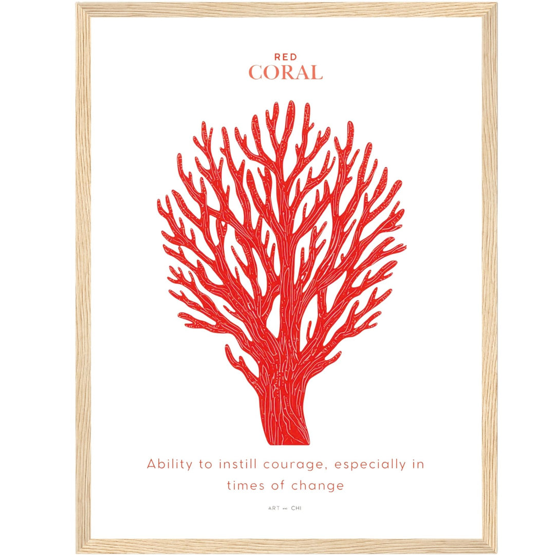 Lámina minimalista de coral rojo sobre fondo blanco, símbolo Feng Shui de protección, vitalidad y coraje. Representa la fuerza interior y la capacidad de adaptarse en tiempos de cambio. Ideal para espacios donde se busca activar la energía del Fuego y atraer prosperidad y confianza.