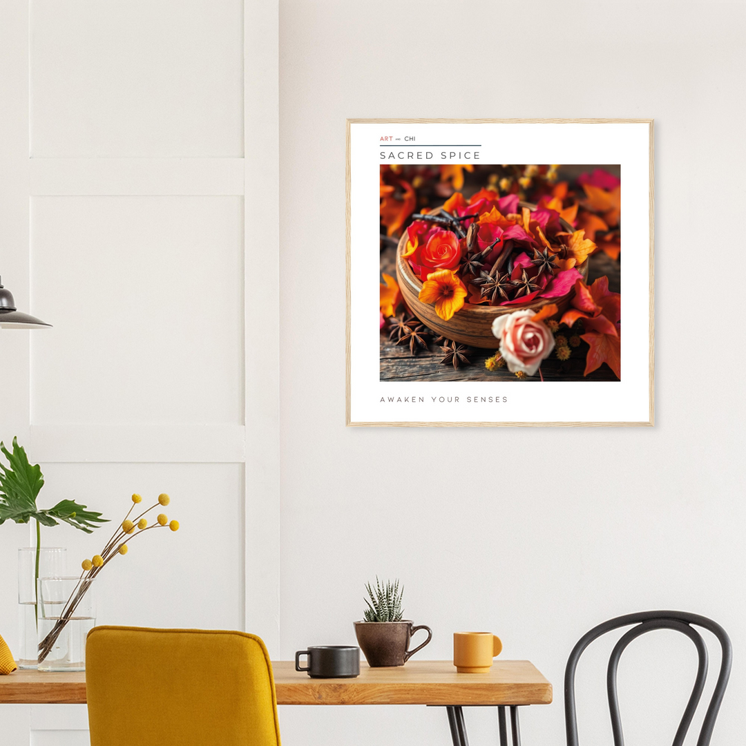 Primer plano de un cuenco rústico de madera lleno de especias de otoño, incluyendo anís estrellado, vainas de canela, pétalos y hojas secas. Colores dominantes: rojo, naranja y amarillo intenso enmarcado