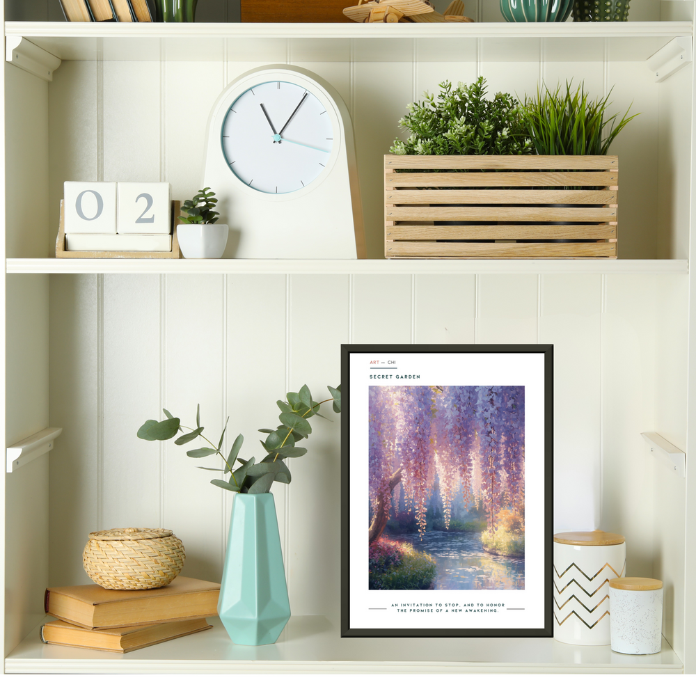 Fine art poster of cascading lilac blossoms over a serene pond, Secret Garden collection, impressionist botanical artwork by Art and Chi