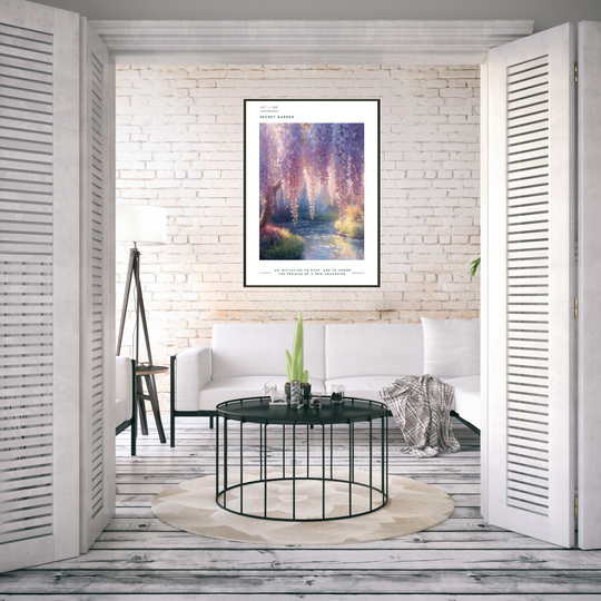 Fine art poster of cascading lilac blossoms over a serene pond, Secret Garden collection, impressionist botanical artwork by Art and Chi