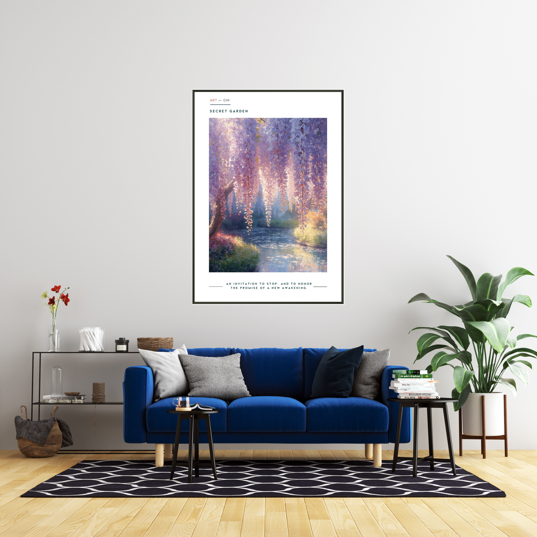 Fine art poster of cascading lilac blossoms over a serene pond, Secret Garden collection, impressionist botanical artwork by Art and Chi