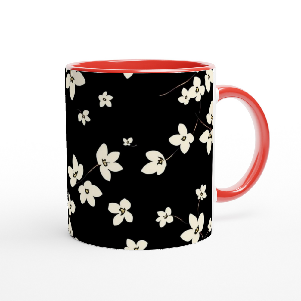 taza itnerior roja  con patrón floral blanco estilo japonés moderna
