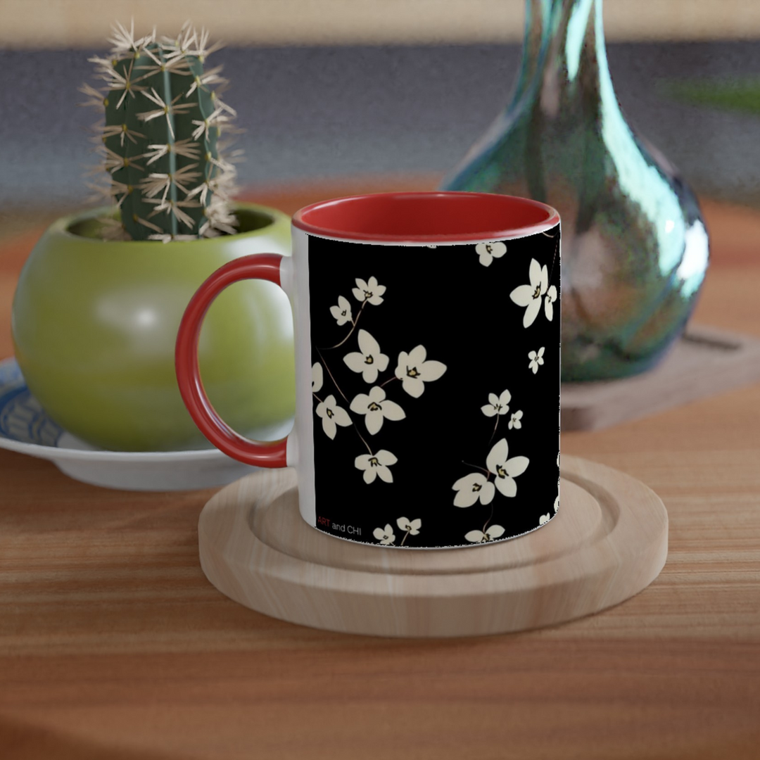 taza itnerior roja  con patrón floral blanco estilo japonés moderna