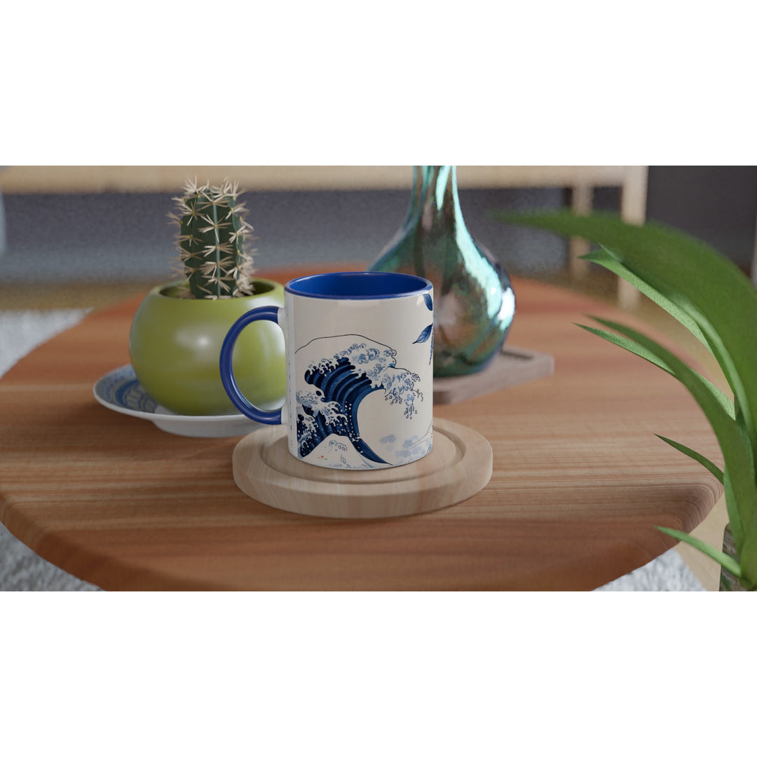 Taza El Mar Despierta en cerámica  de 325 ml con interior y asa en azul, diseño  japoneés inspirado en el mar y la serenidad.