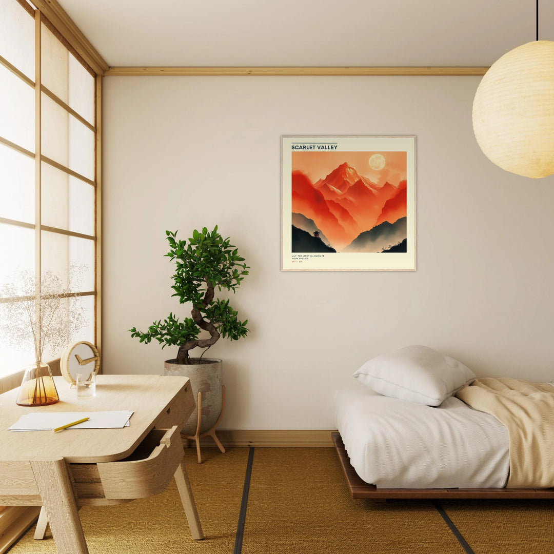 Lámina Feng Shui Valle Escarlata en estilo sumi-e, símbolo del Elemento Fuego y la vitalidad . Sumi-e art o feng shui poster