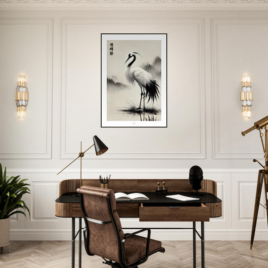 Lámina Feng Shui de grulla japonesa en sumi-e minimalista, símbolo de longevidad y equilibrio. Sumi-e art o feng shui poster