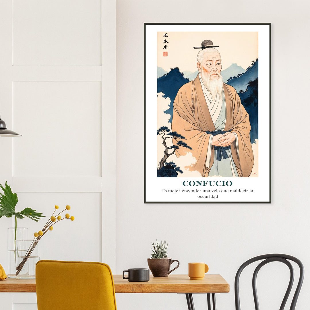 Lámina Feng Shui de Confucio con frase inspiradora Luz en la Oscuridad, ideal para sabiduría y conocimiento. Sumi-e art o feng shui poster