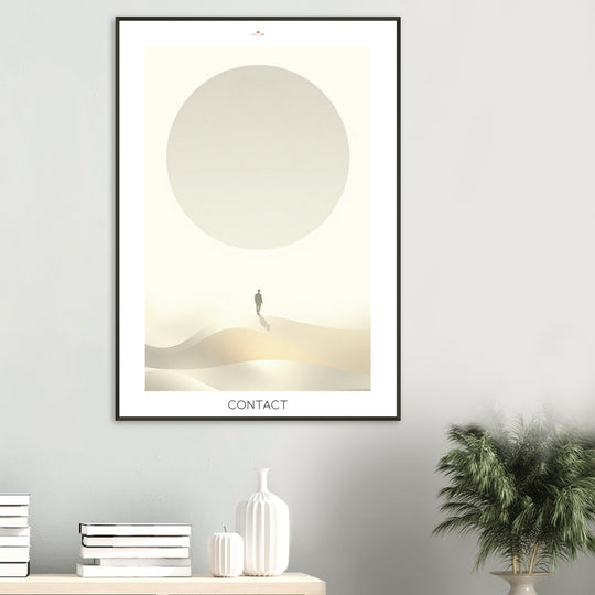 Lámina Feng Shui Contact, esfera de luz inspirada en la Esfera de Buga, diseño minimalista y espiritual. Sumi-e art o feng shui poster