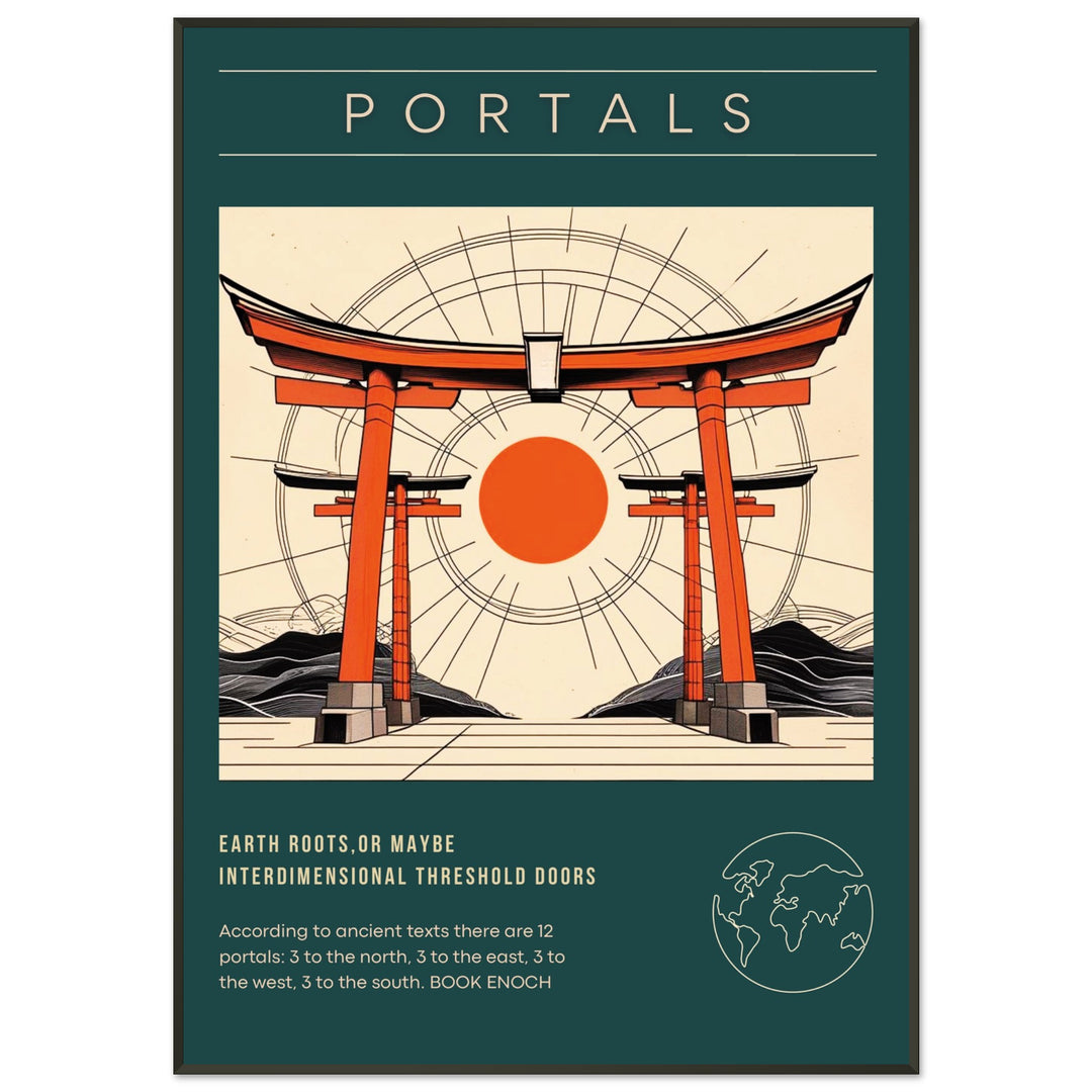 Lámina Feng Shui PORTALS con torii japonés y geometrías cósmicas en estilo minimalista. Sumi-e art o feng shui poster