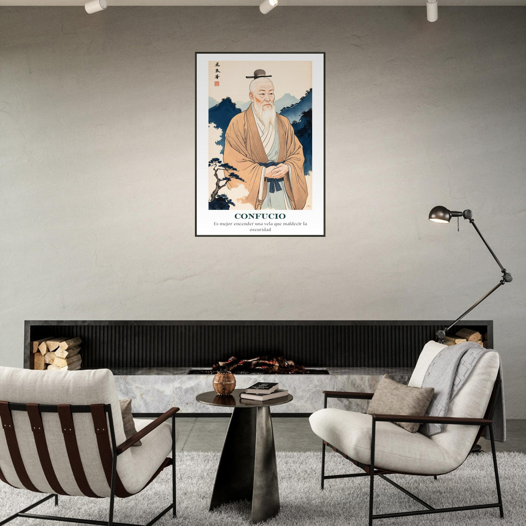 Lámina Feng Shui de Confucio con frase inspiradora Luz en la Oscuridad, ideal para sabiduría y conocimiento. Sumi-e art o feng shui poster