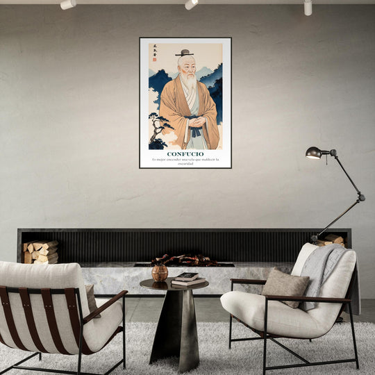 Lámina Feng Shui de Confucio con frase inspiradora Luz en la Oscuridad, ideal para sabiduría y conocimiento. Sumi-e art o feng shui poster