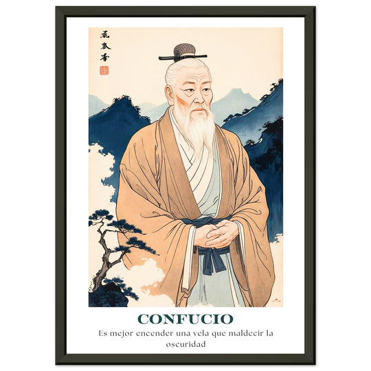 Lámina Feng Shui de Confucio con frase inspiradora Luz en la Oscuridad, ideal para sabiduría y conocimiento. Sumi-e art o feng shui poster