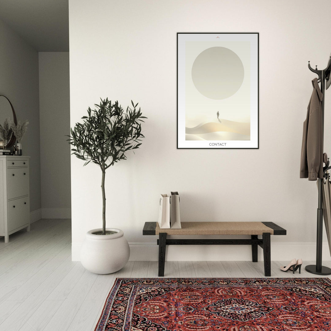Lámina Feng Shui Contact, esfera de luz inspirada en la Esfera de Buga, diseño minimalista y espiritual. Sumi-e art o feng shui poster