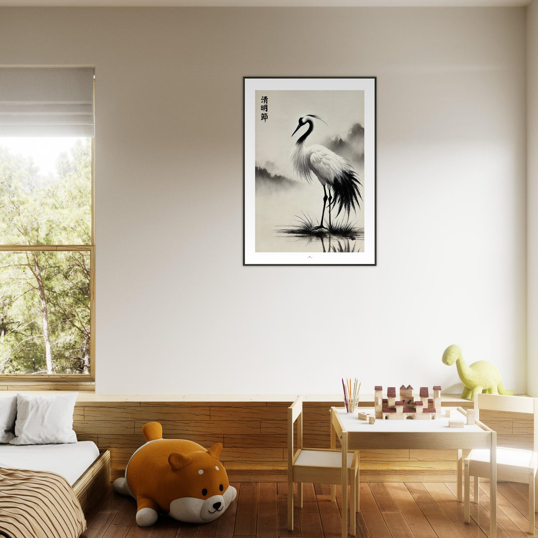 Lámina Feng Shui de grulla japonesa en sumi-e minimalista, símbolo de longevidad y equilibrio. Sumi-e art o feng shui poster