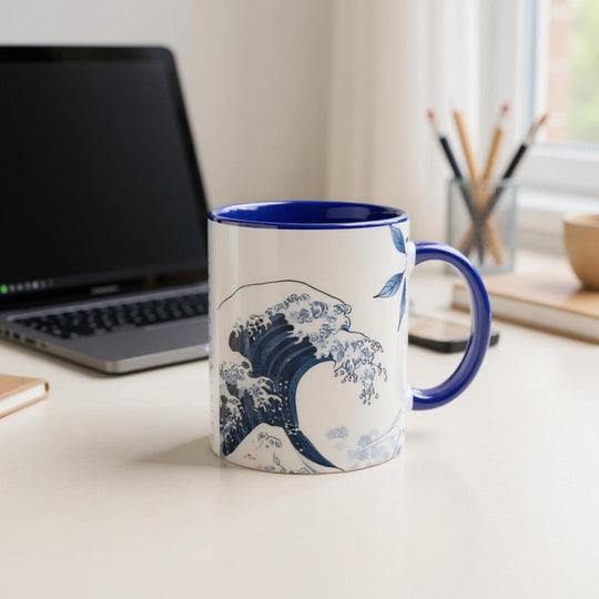 Taza El Mar Despierta en cerámica  de 325 ml con interior y asa en azul, diseño  japoneés inspirado en el mar y la serenidad.