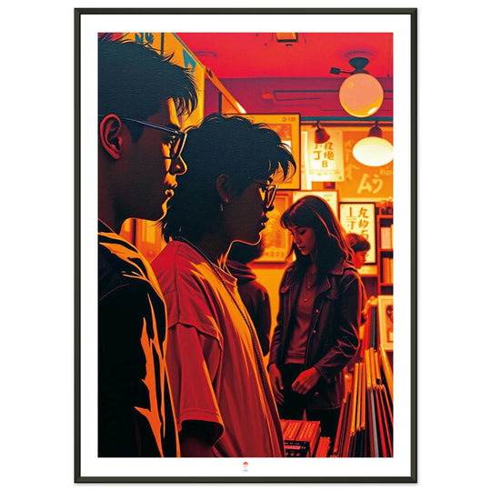 Lámina Noches de Vinilos, arte urbano retro inspirado en Tokio con estética de los años 80