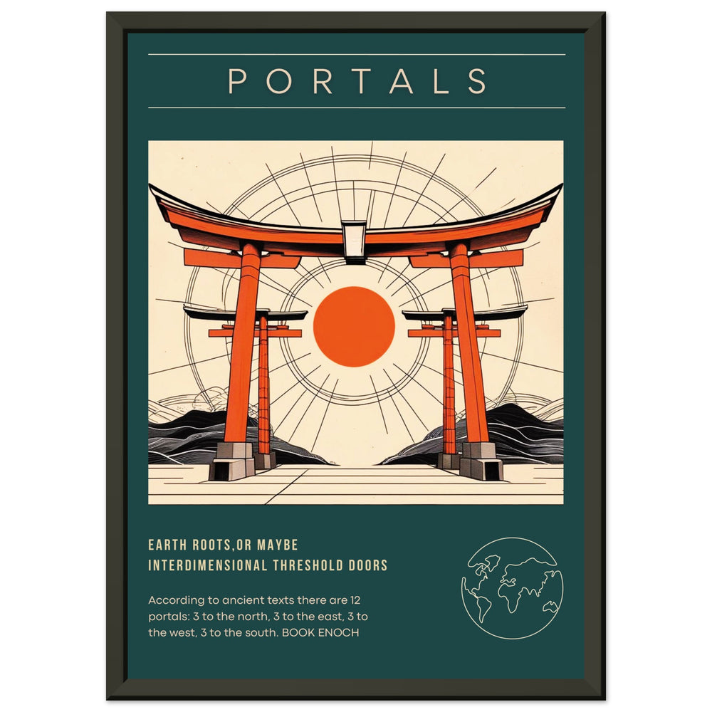 Lámina Feng Shui PORTALS con torii japonés y geometrías cósmicas en estilo minimalista. Sumi-e art o feng shui poster