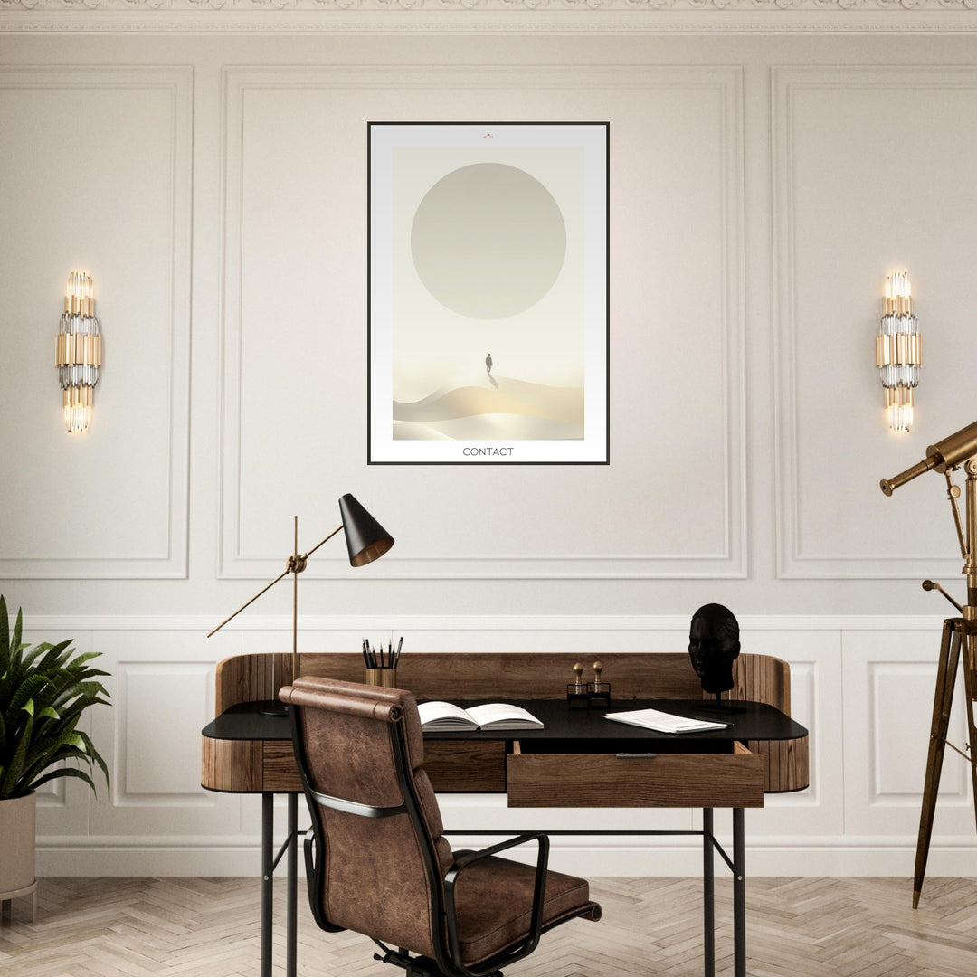 Lámina Feng Shui Contact, esfera de luz inspirada en la Esfera de Buga, diseño minimalista y espiritual. Sumi-e art o feng shui poster