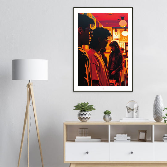 Lámina Noches de Vinilos, arte urbano retro inspirado en Tokio con estética de los años 80