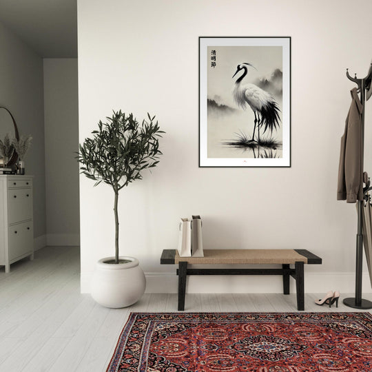Lámina Feng Shui de grulla japonesa en sumi-e minimalista, símbolo de longevidad y equilibrio. Sumi-e art o feng shui poster